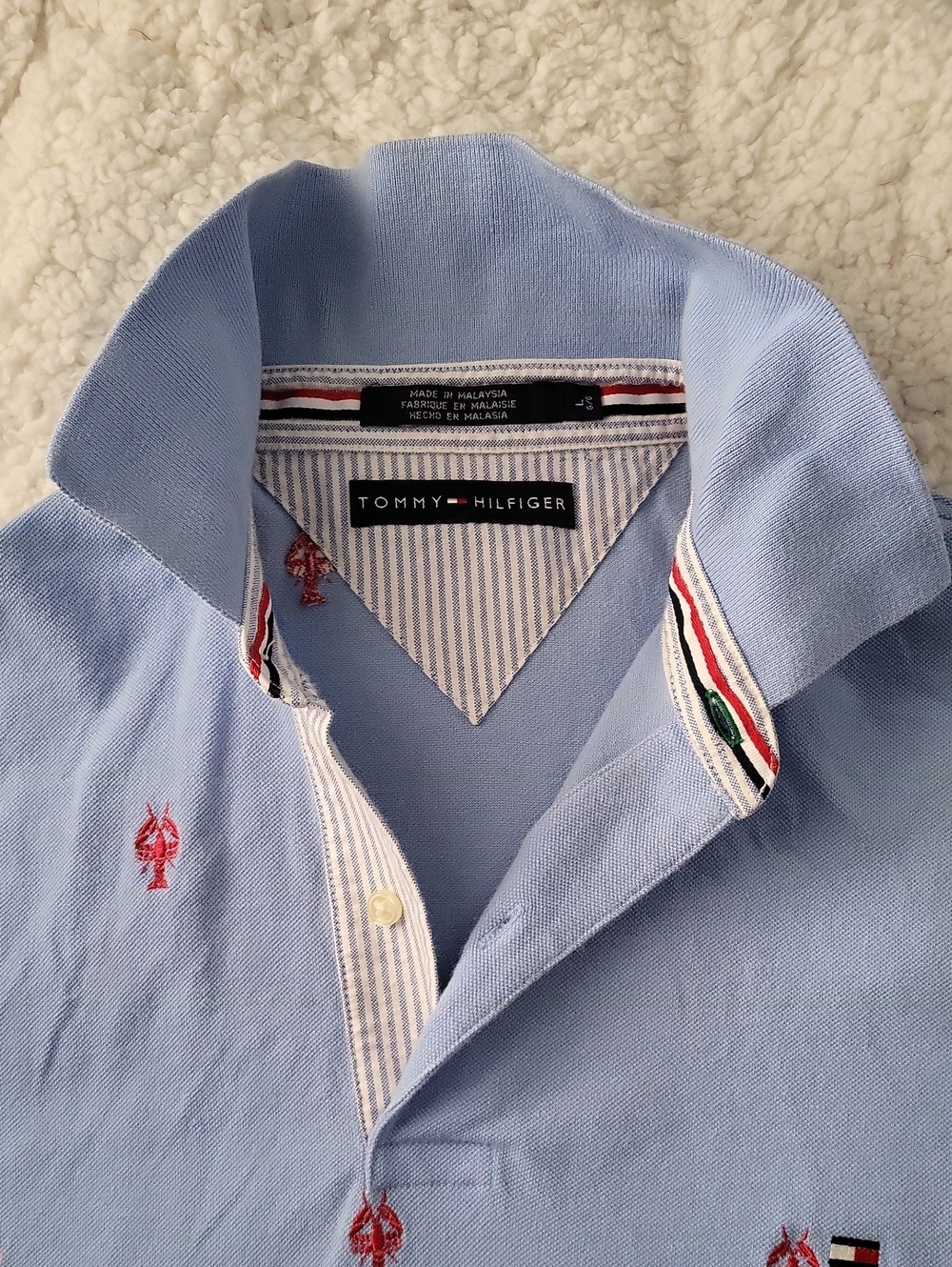 Tommy Hilfiger Polo Shirt Men's Large Light Blue Red Lobster All Over Embroider